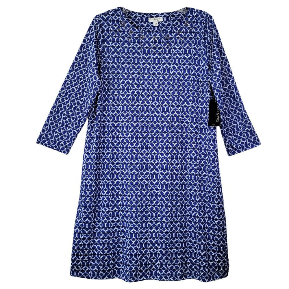 Kim Rogers Dress Women's NWT PM/PL 3/4 Sleeve Blue White Colorful Casual